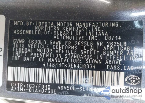 2014 Toyota Camry Le z USA, uszkodzony, nr VIN 4T4BF1FK3ER438034